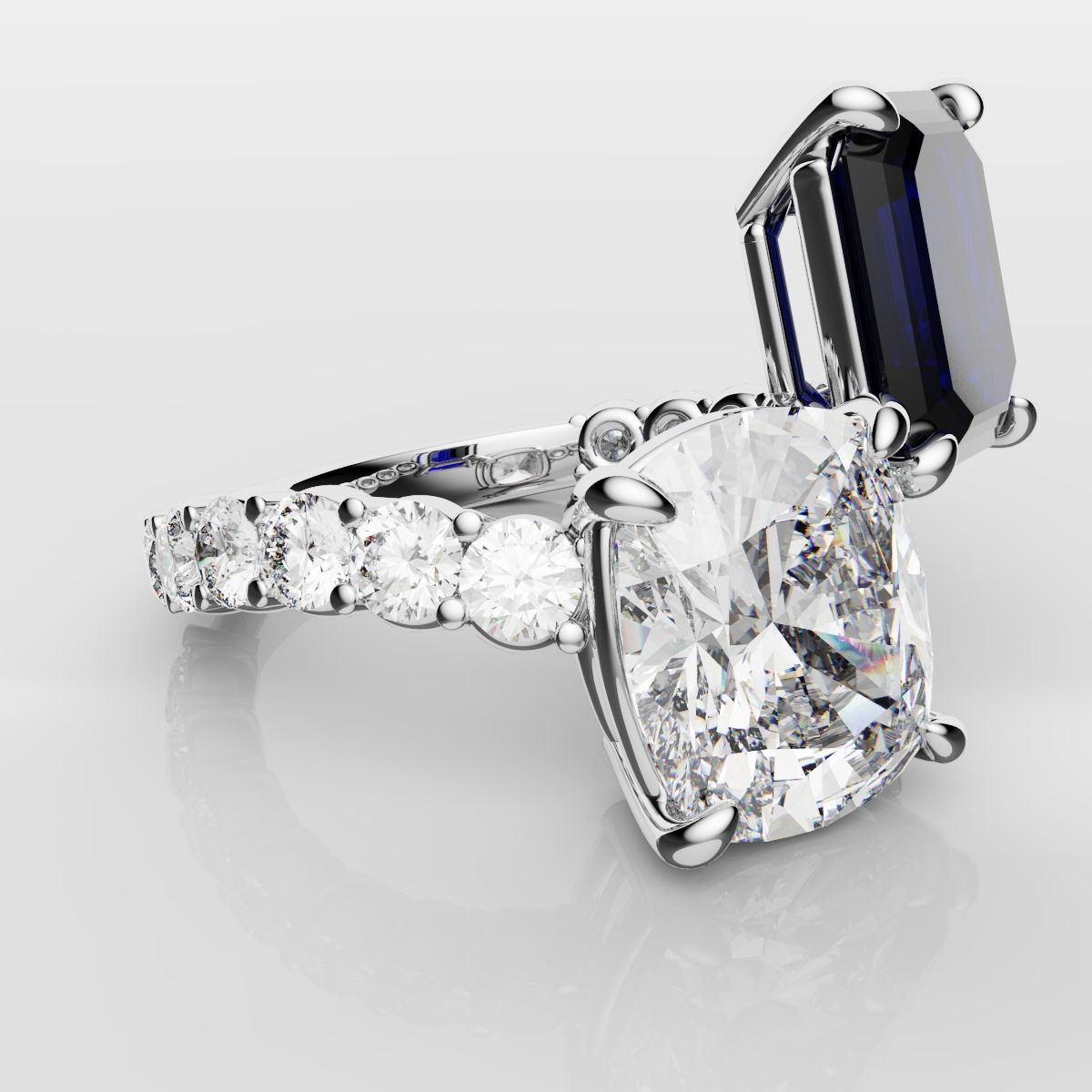 Emerald Cut Sapphire and Cushion Cut Diamond Toi Et Moi Engagement Ring