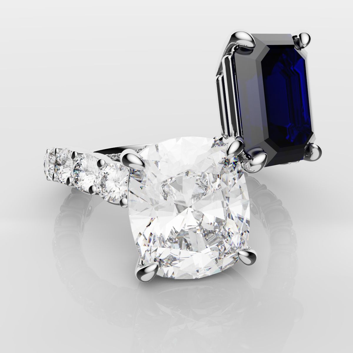 Emerald Cut Sapphire and Cushion Cut Diamond Toi Et Moi Engagement Ring