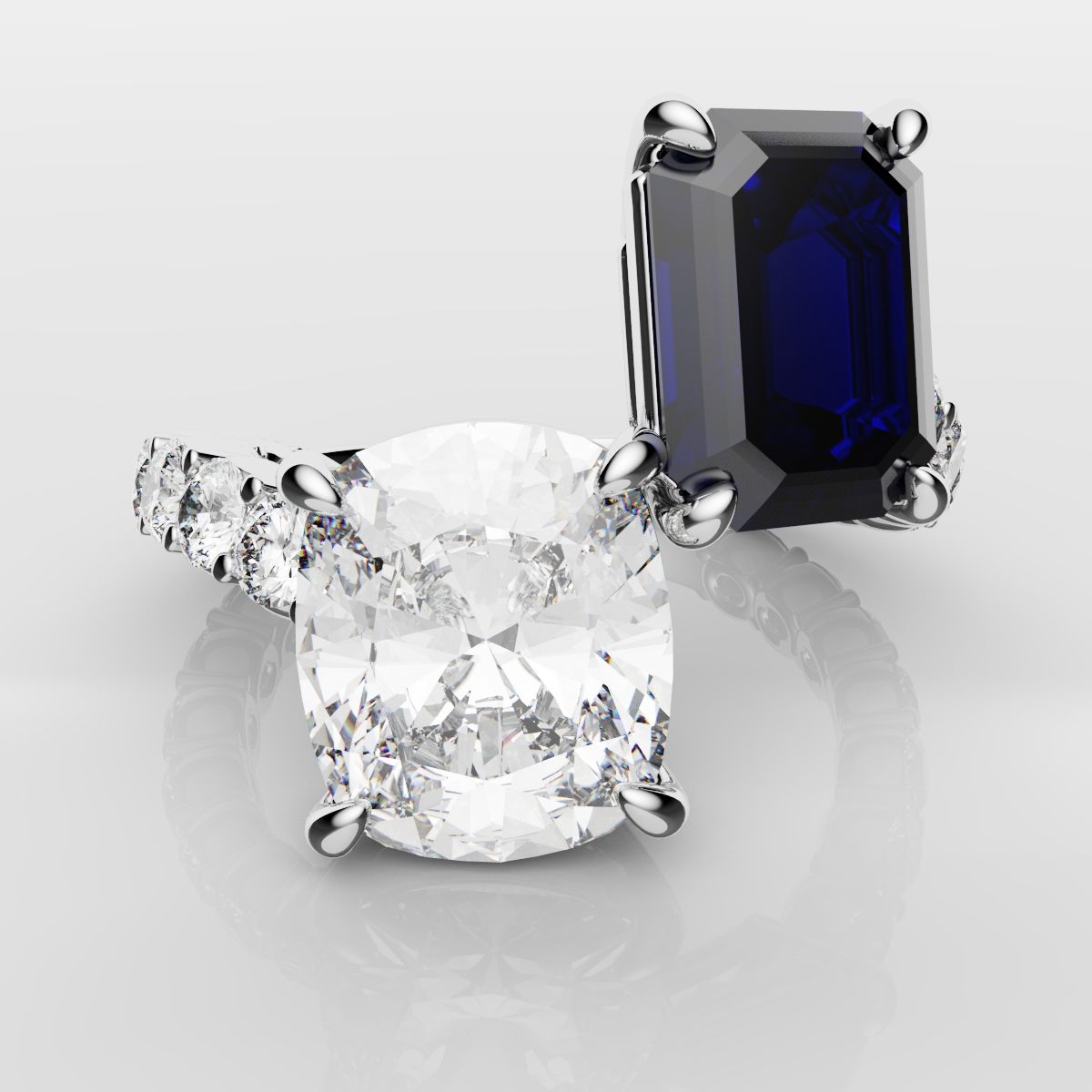 Emerald Cut Sapphire and Cushion Cut Diamond Toi Et Moi Engagement Ring