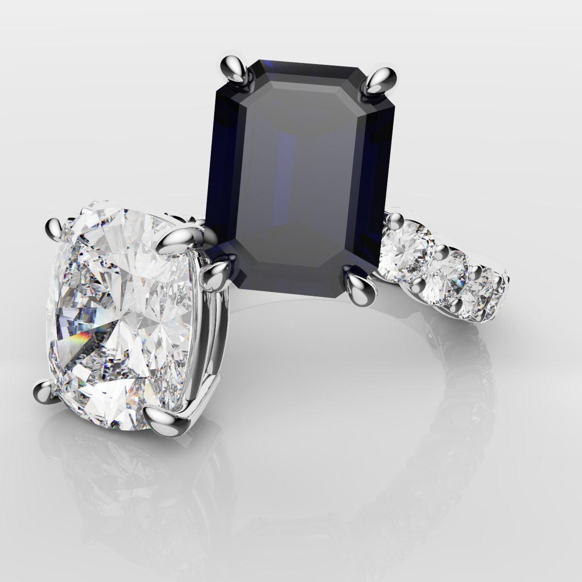 Emerald Cut Sapphire and Cushion Cut Diamond Toi Et Moi Engagement Ring