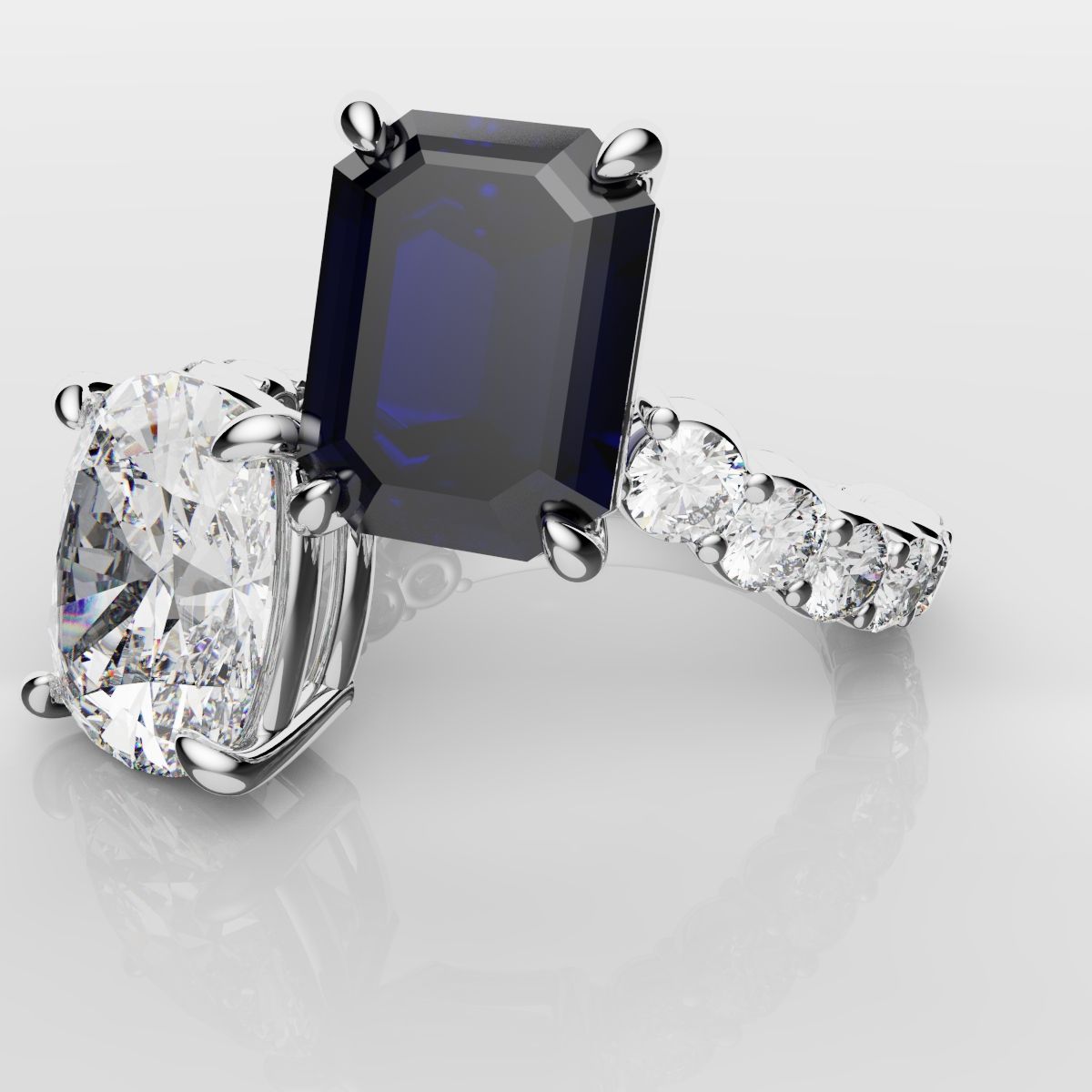 Emerald Cut Sapphire and Cushion Cut Diamond Toi Et Moi Engagement Ring