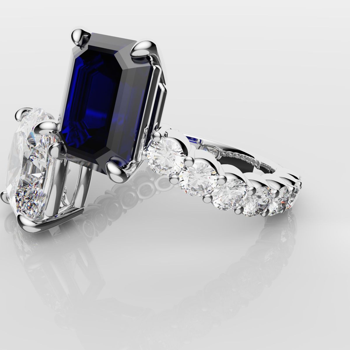 Emerald Cut Sapphire and Cushion Cut Diamond Toi Et Moi Engagement Ring
