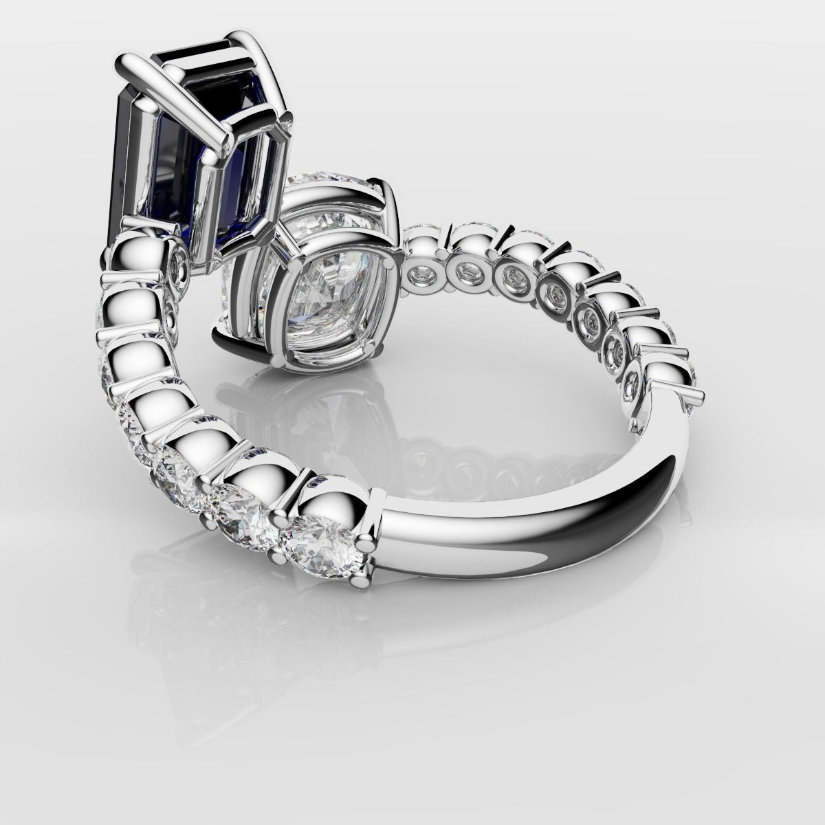 Emerald Cut Sapphire and Cushion Cut Diamond Toi Et Moi Engagement Ring
