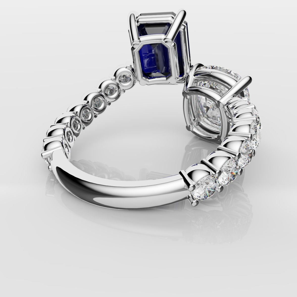 Emerald Cut Sapphire and Cushion Cut Diamond Toi Et Moi Engagement Ring