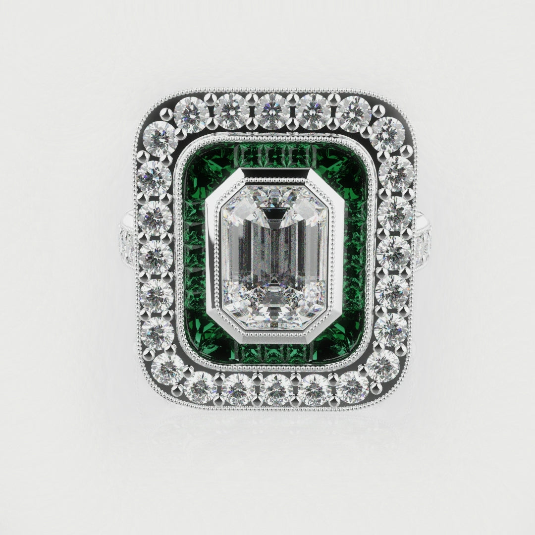 Emerald Cut Double Halo Art Deco Engagement Ring