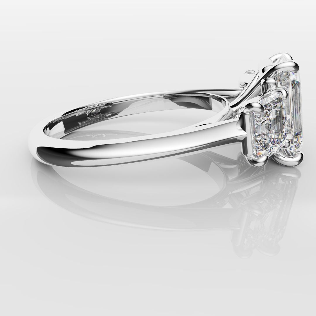 Emerald and Asscher Cut Diamond Trilogy Engagement Ring
