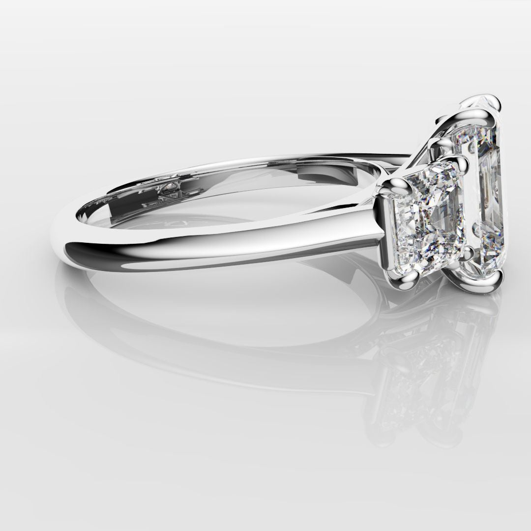 Emerald and Asscher Cut Diamond Trilogy Engagement Ring