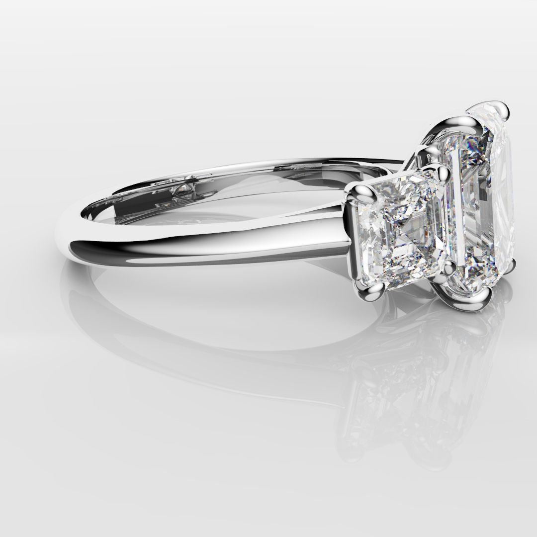 Emerald and Asscher Cut Diamond Trilogy Engagement Ring