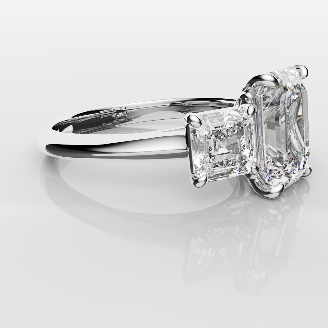 Emerald and Asscher Cut Diamond Trilogy Engagement Ring