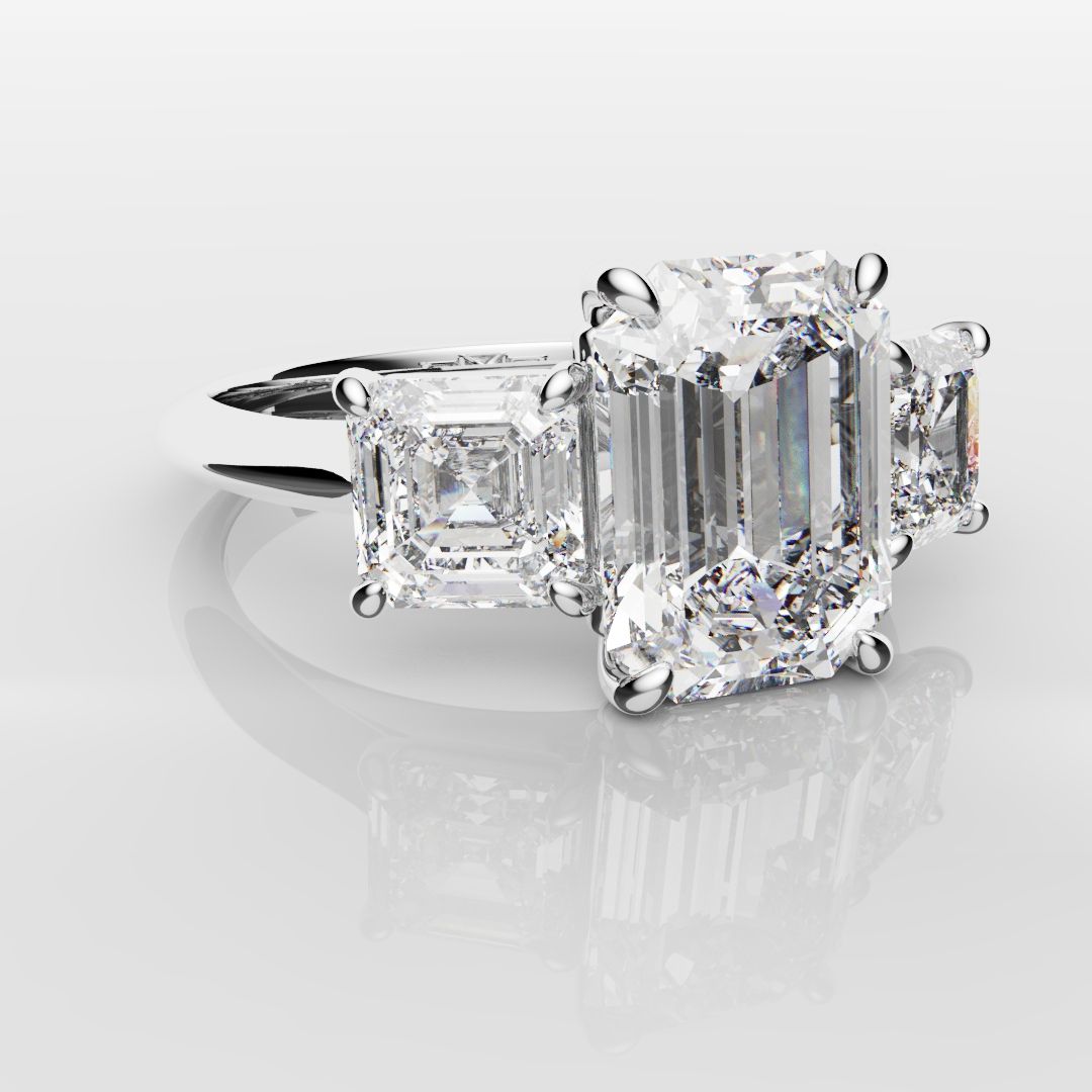 Emerald and Asscher Cut Diamond Trilogy Engagement Ring