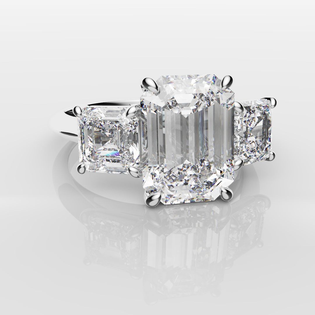 Emerald and Asscher Cut Diamond Trilogy Engagement Ring