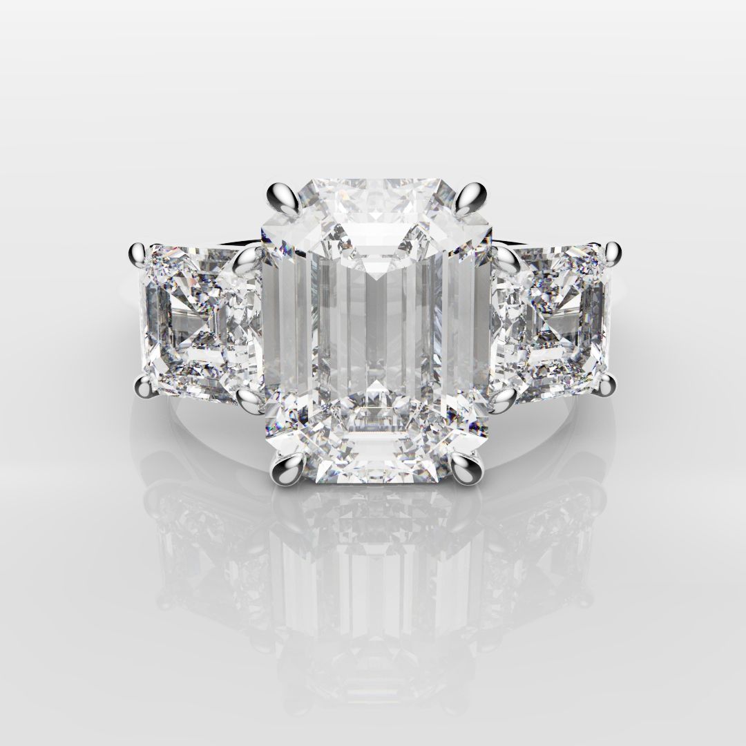 Emerald and Asscher Cut Diamond Trilogy Engagement Ring