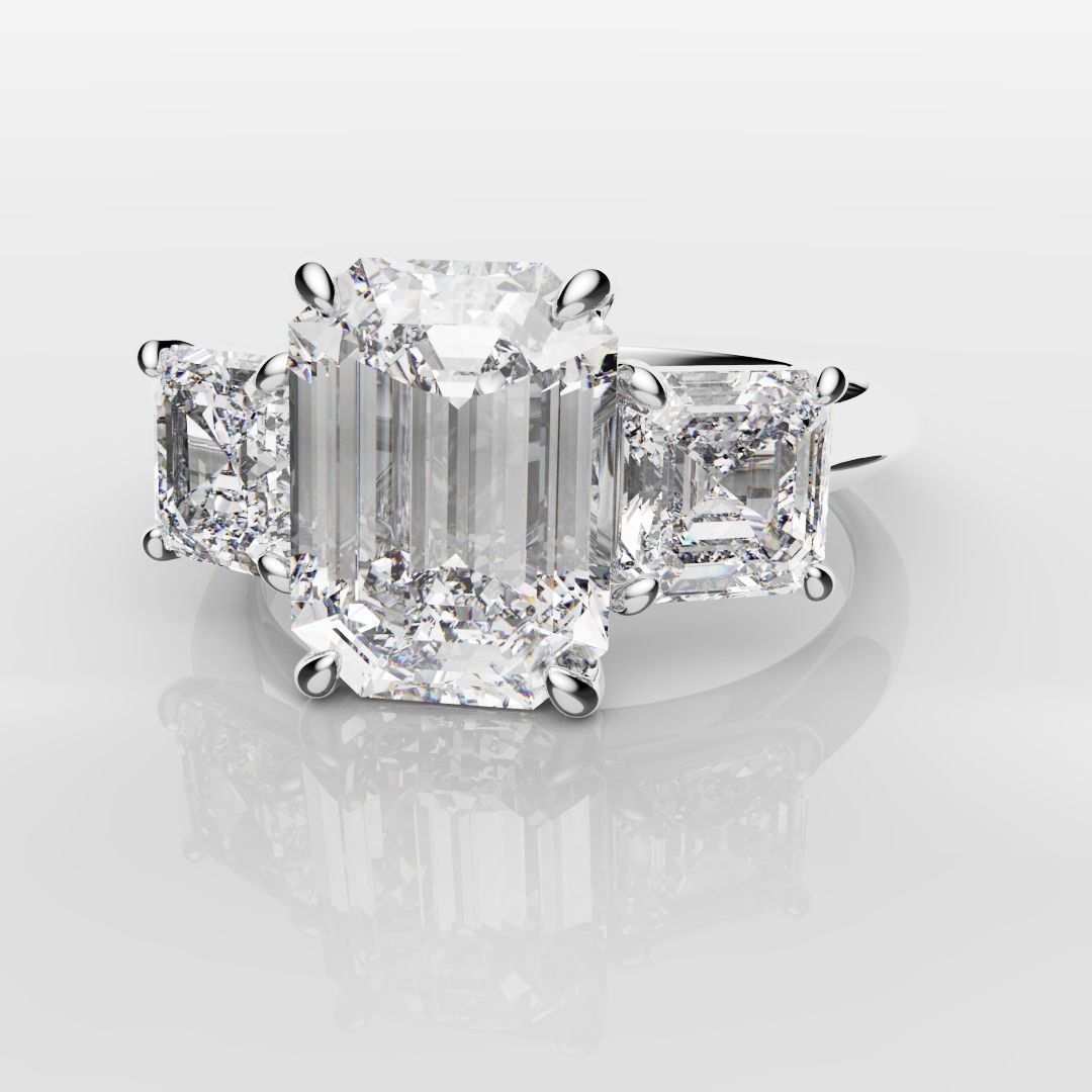 Emerald and Asscher Cut Diamond Trilogy Engagement Ring