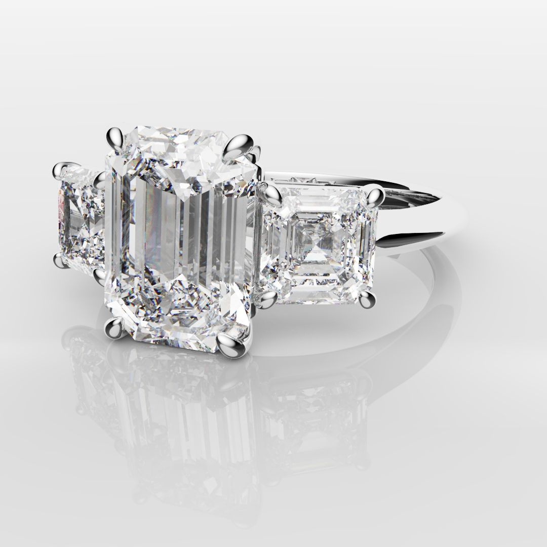 Emerald and Asscher Cut Diamond Trilogy Engagement Ring