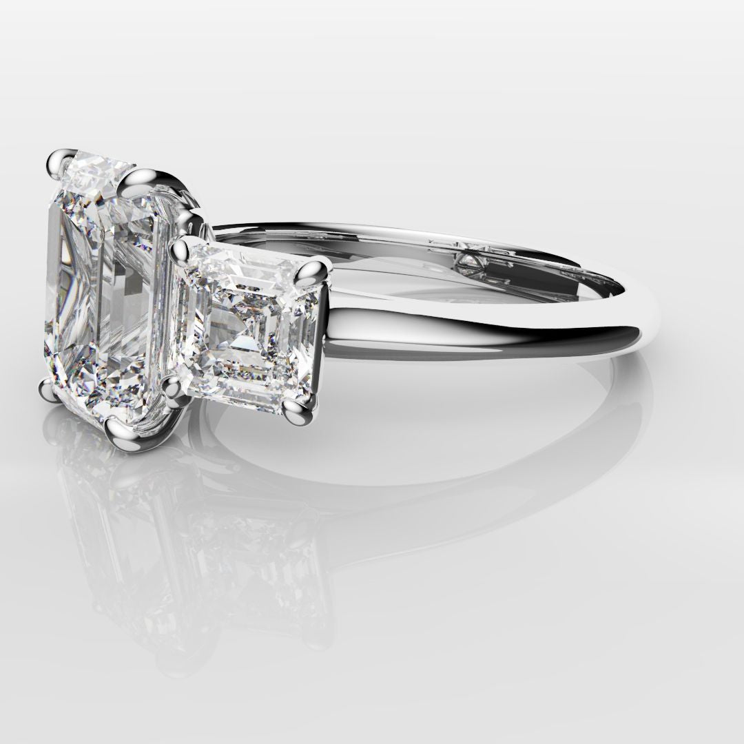 Emerald and Asscher Cut Diamond Trilogy Engagement Ring
