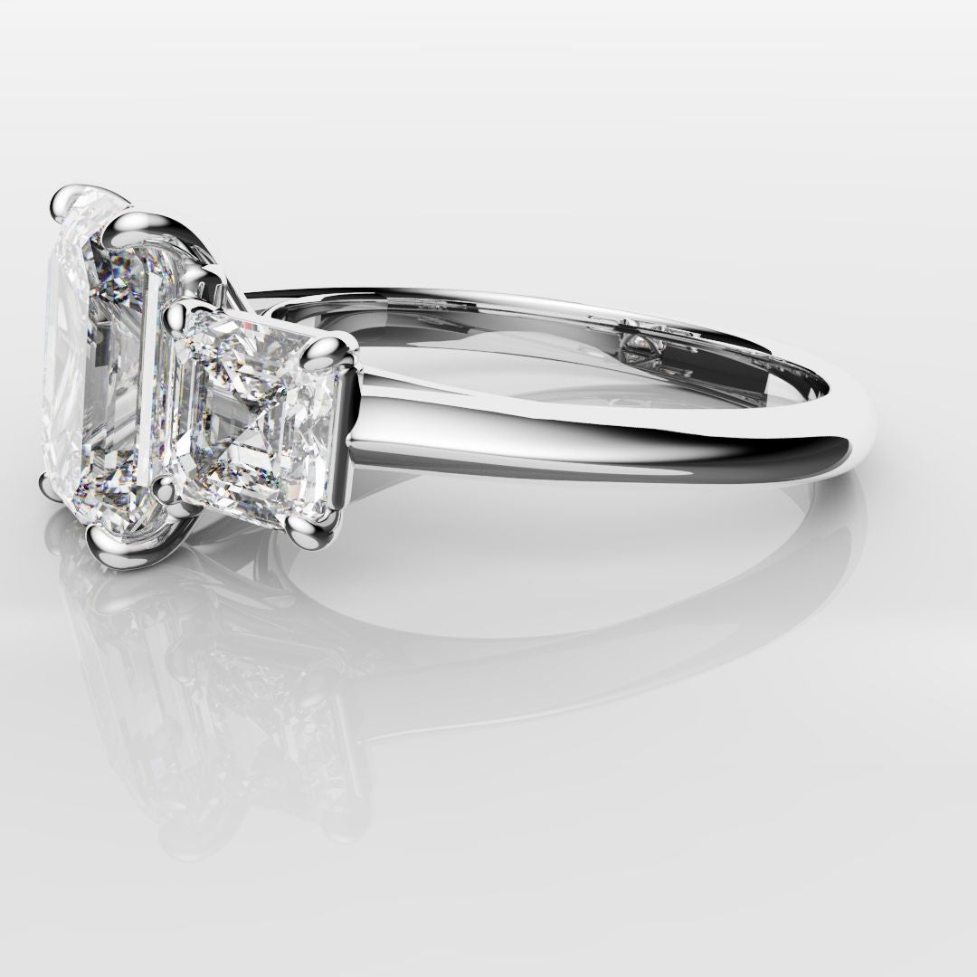 Emerald and Asscher Cut Diamond Trilogy Engagement Ring