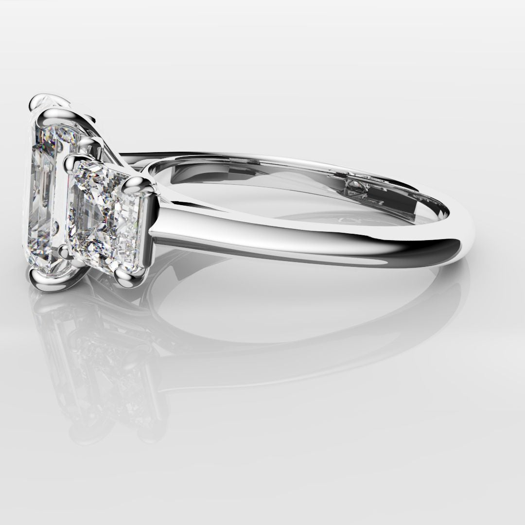 Emerald and Asscher Cut Diamond Trilogy Engagement Ring