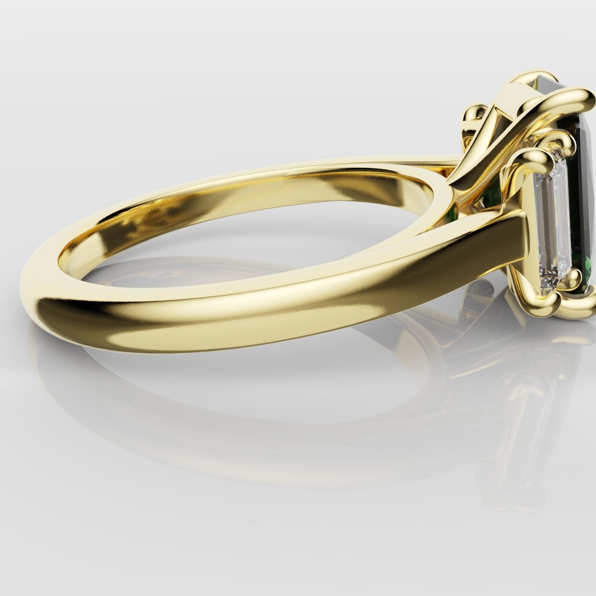 Green Emerald and Diamond Baguette Trilogy Engagement Ring