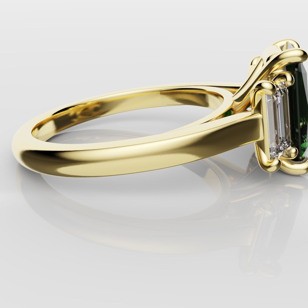 Green Emerald and Diamond Baguette Trilogy Engagement Ring