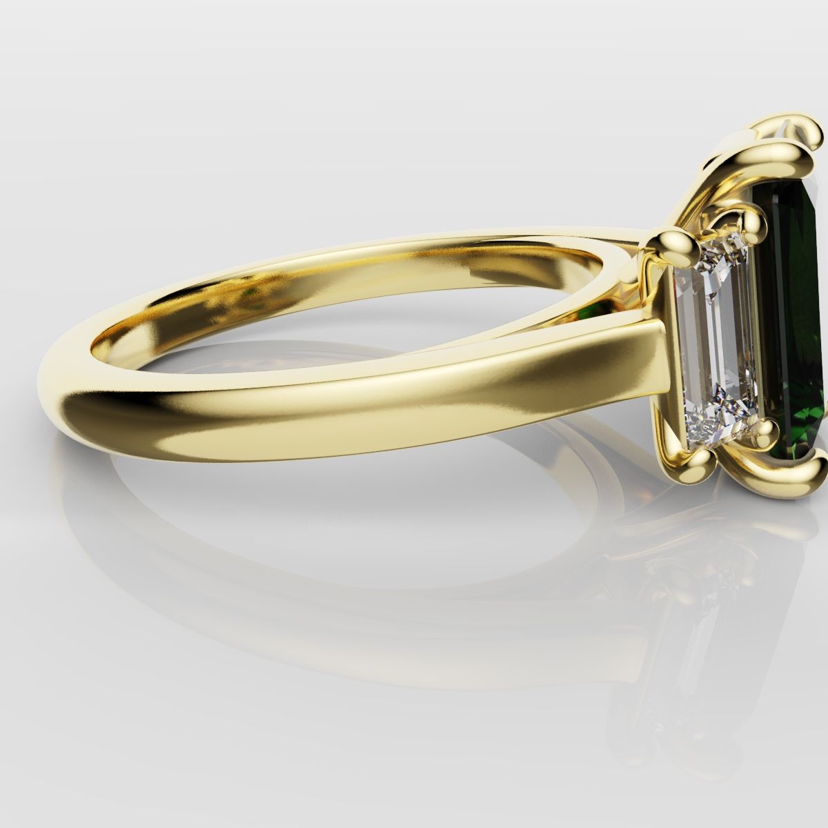 Green Emerald and Diamond Baguette Trilogy Engagement Ring