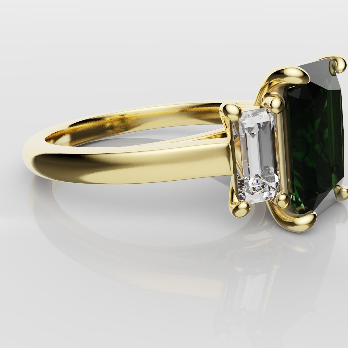 Green Emerald and Diamond Baguette Trilogy Engagement Ring