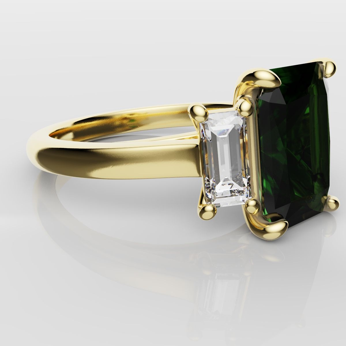 Green Emerald and Diamond Baguette Trilogy Engagement Ring