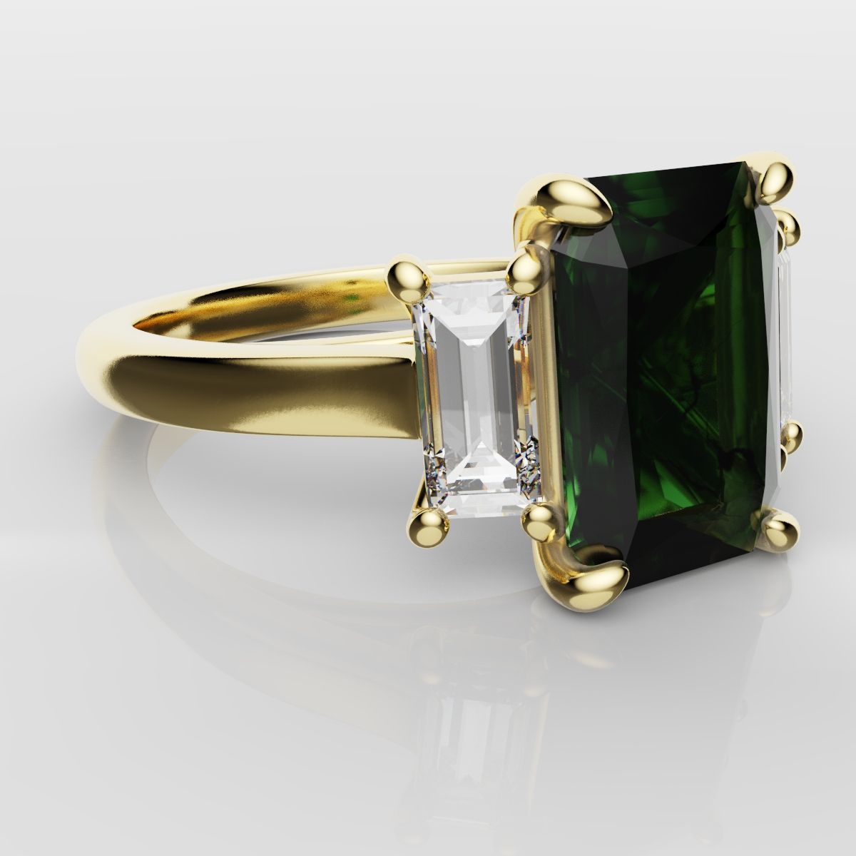 Green Emerald and Diamond Baguette Trilogy Engagement Ring