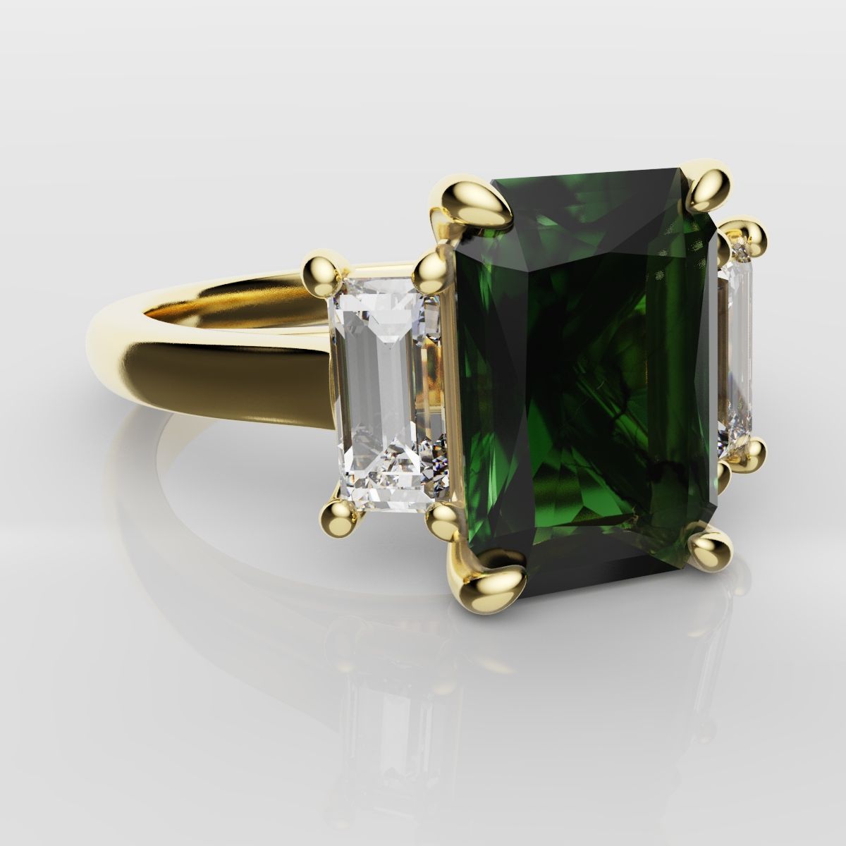 Green Emerald and Diamond Baguette Trilogy Engagement Ring