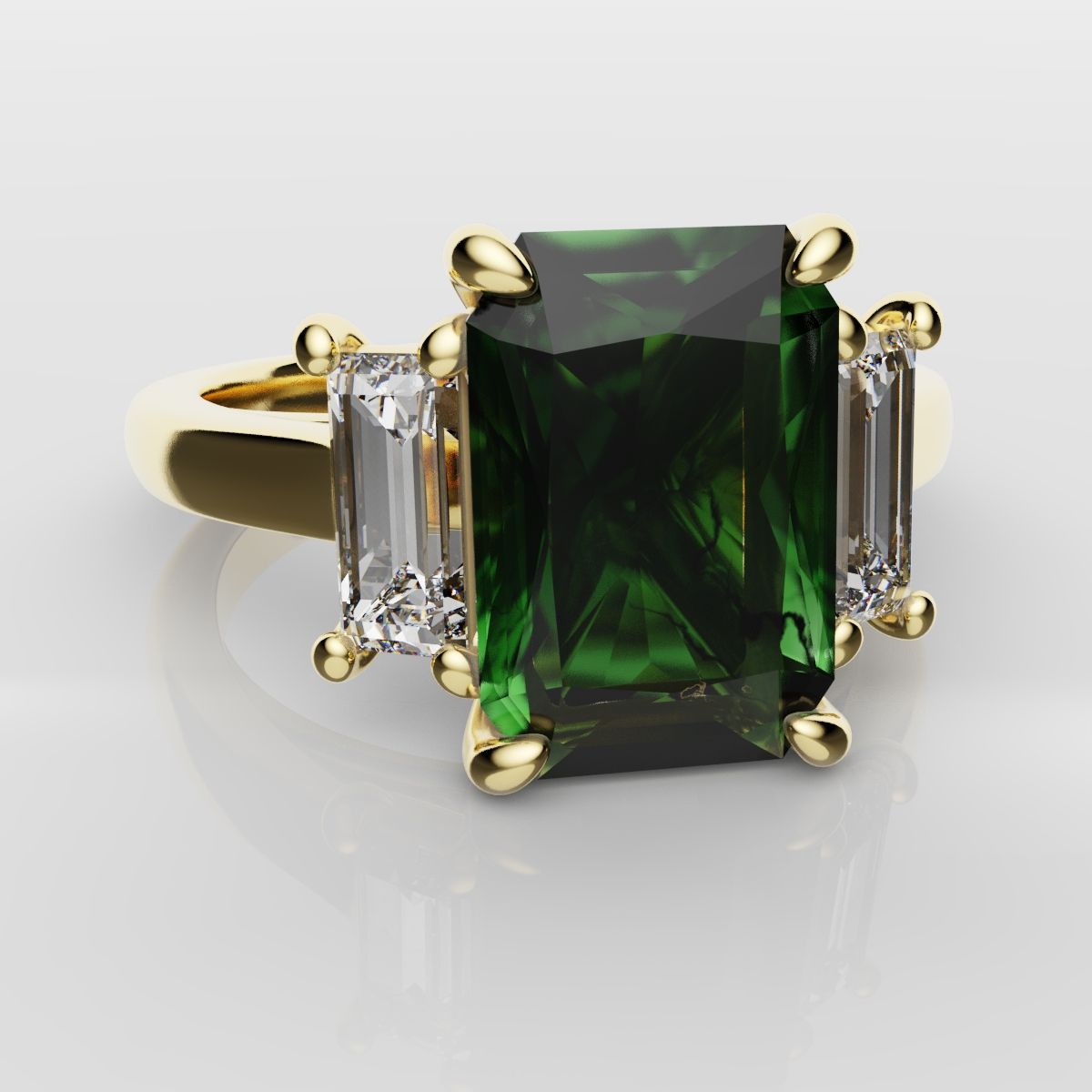 Green Emerald and Diamond Baguette Trilogy Engagement Ring