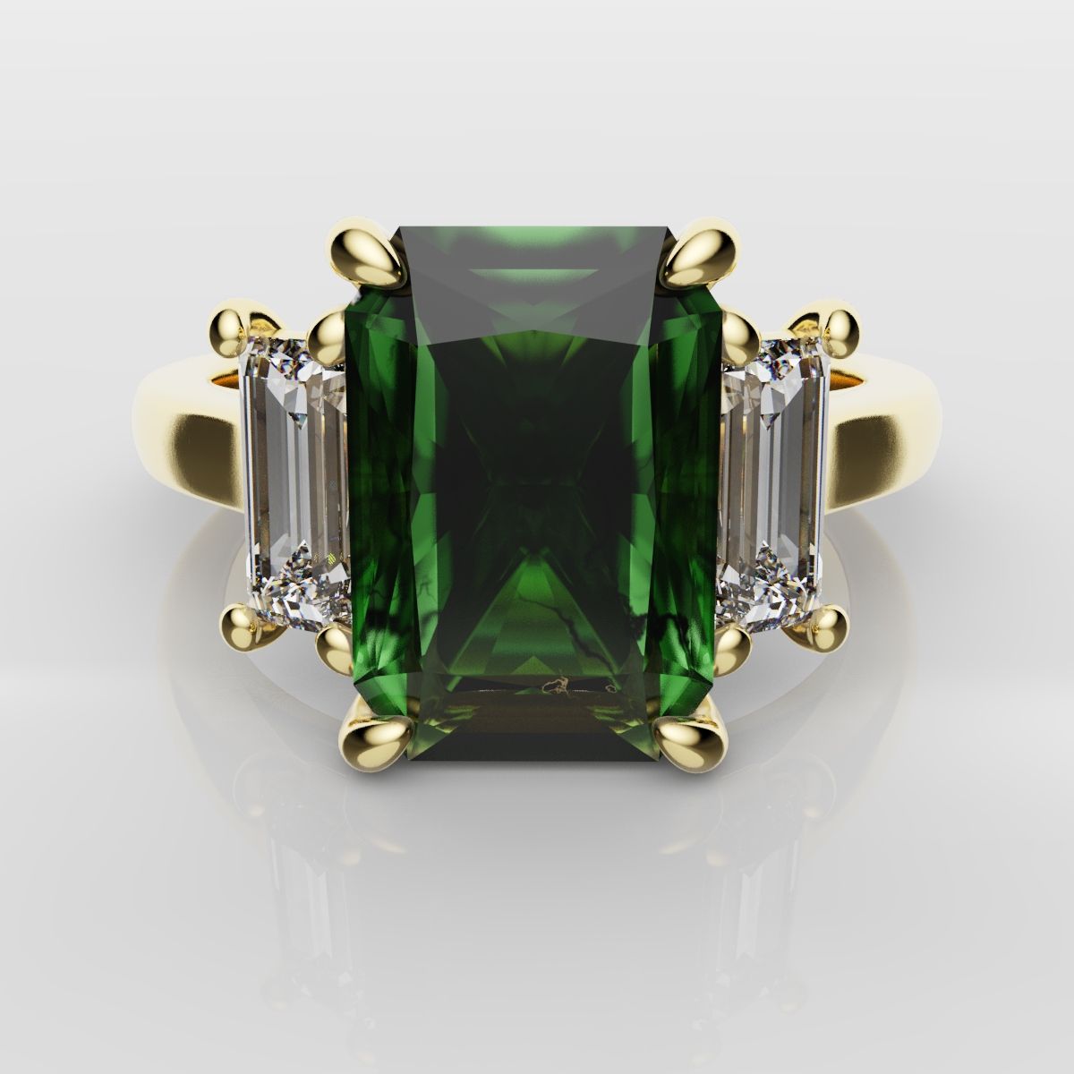 Green Emerald and Diamond Baguette Trilogy Engagement Ring
