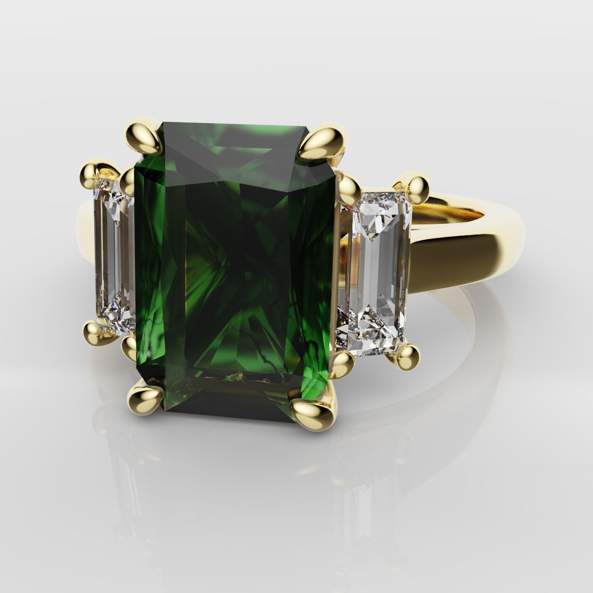 Green Emerald and Diamond Baguette Trilogy Engagement Ring