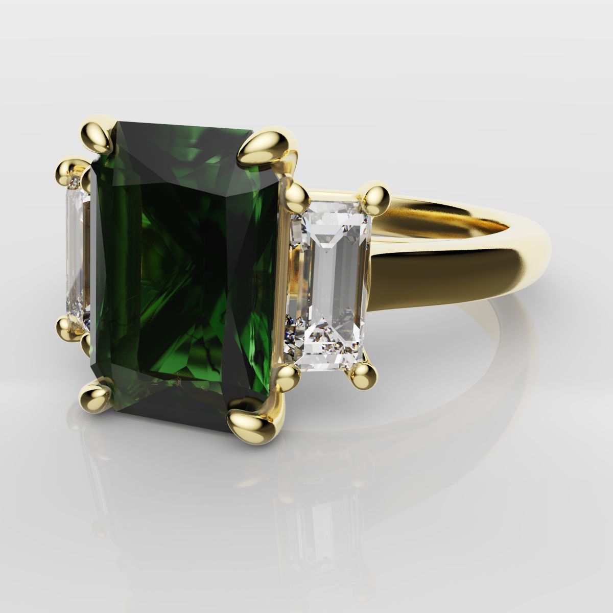 Green Emerald and Diamond Baguette Trilogy Engagement Ring