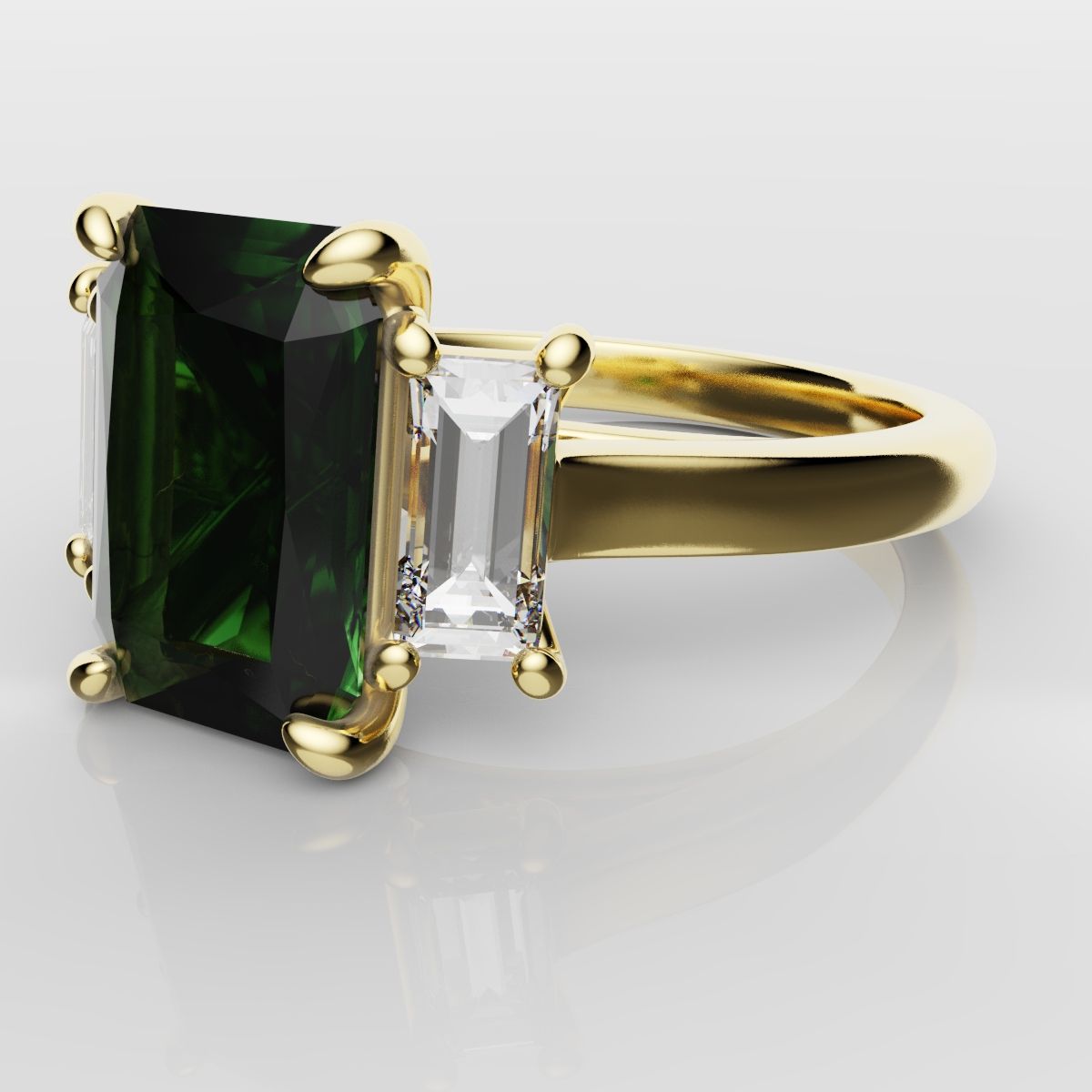 Green Emerald and Diamond Baguette Trilogy Engagement Ring