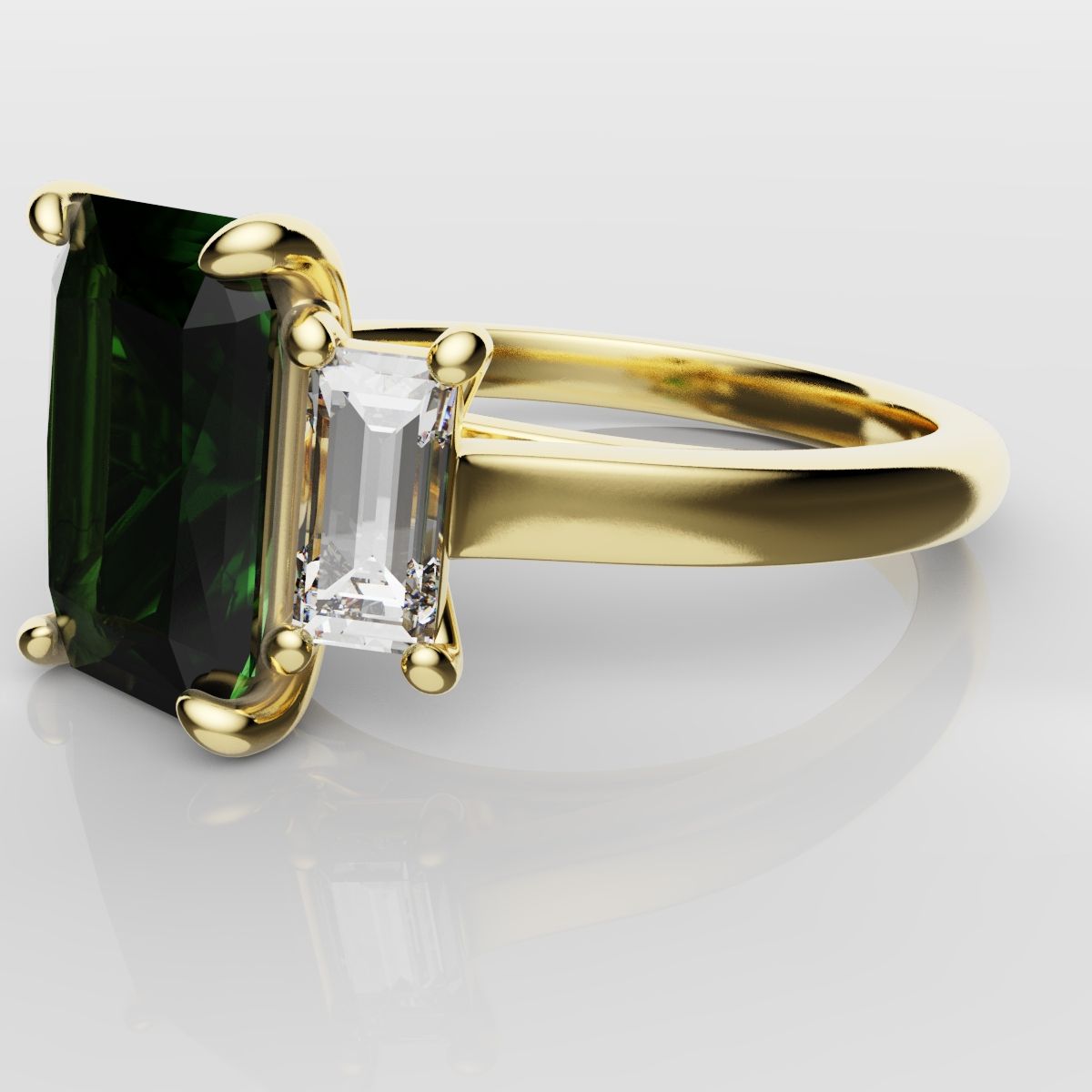 Green Emerald and Diamond Baguette Trilogy Engagement Ring