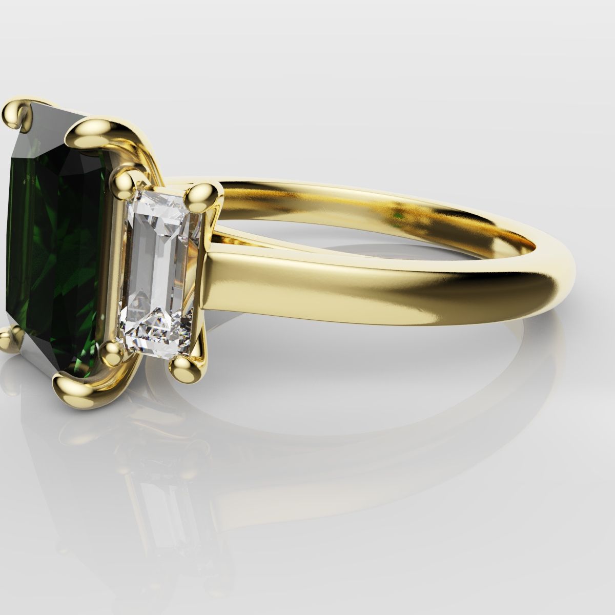 Green Emerald and Diamond Baguette Trilogy Engagement Ring