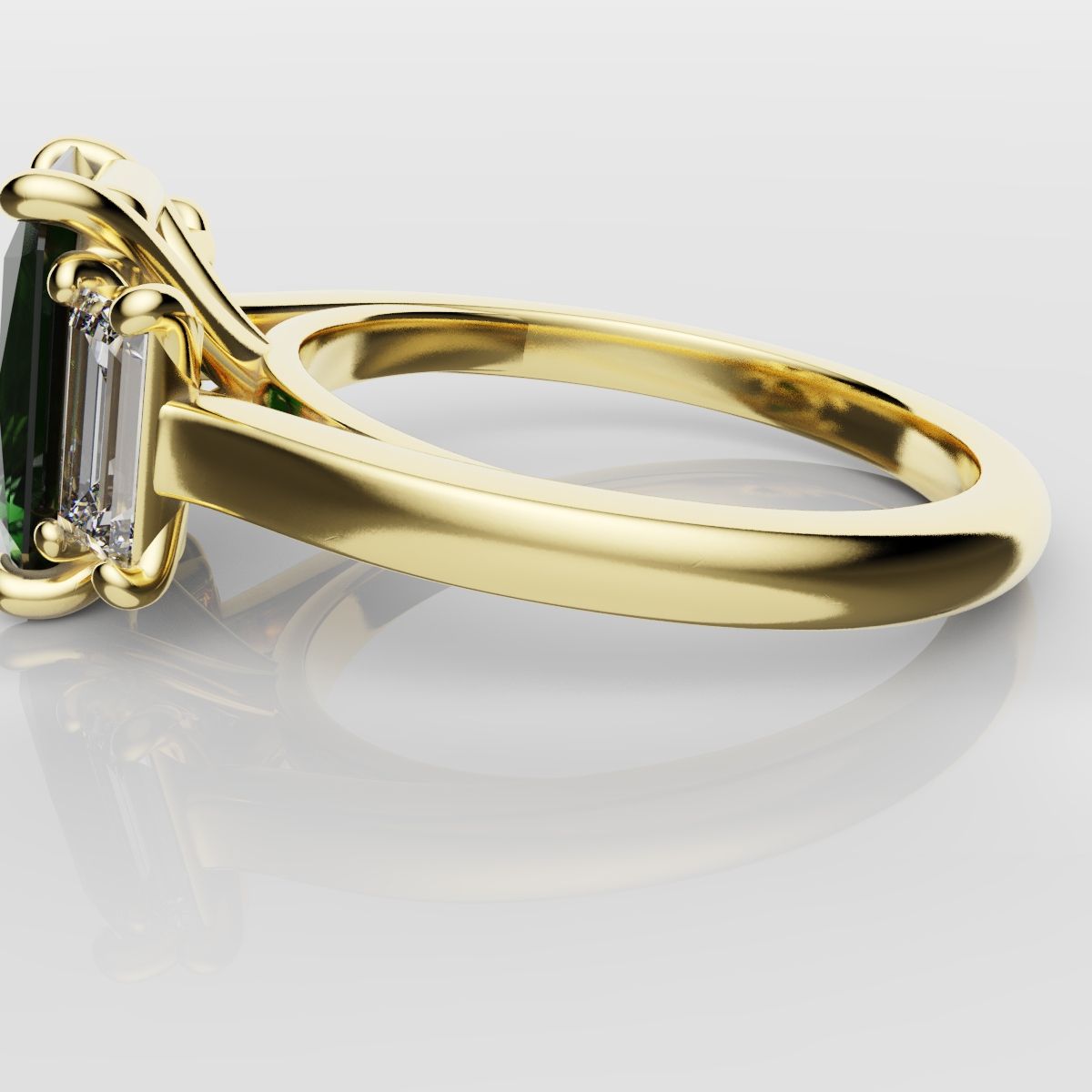Green Emerald and Diamond Baguette Trilogy Engagement Ring