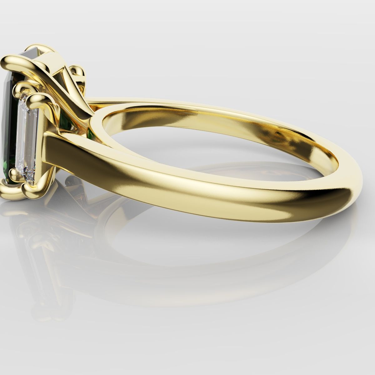 Green Emerald and Diamond Baguette Trilogy Engagement Ring