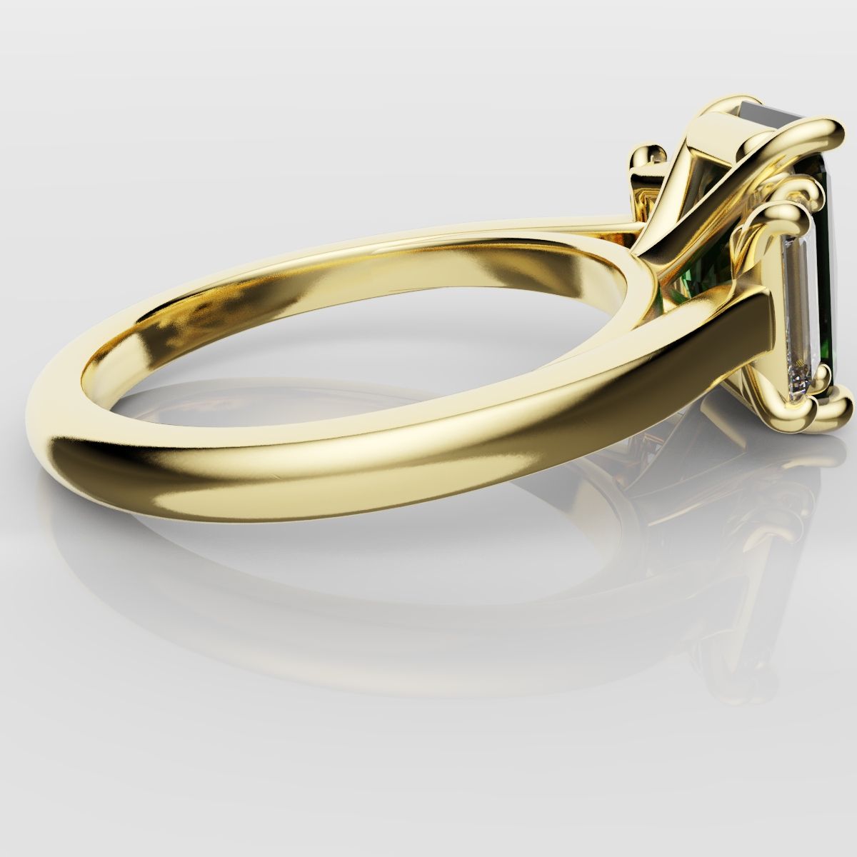 Green Emerald and Diamond Baguette Trilogy Engagement Ring