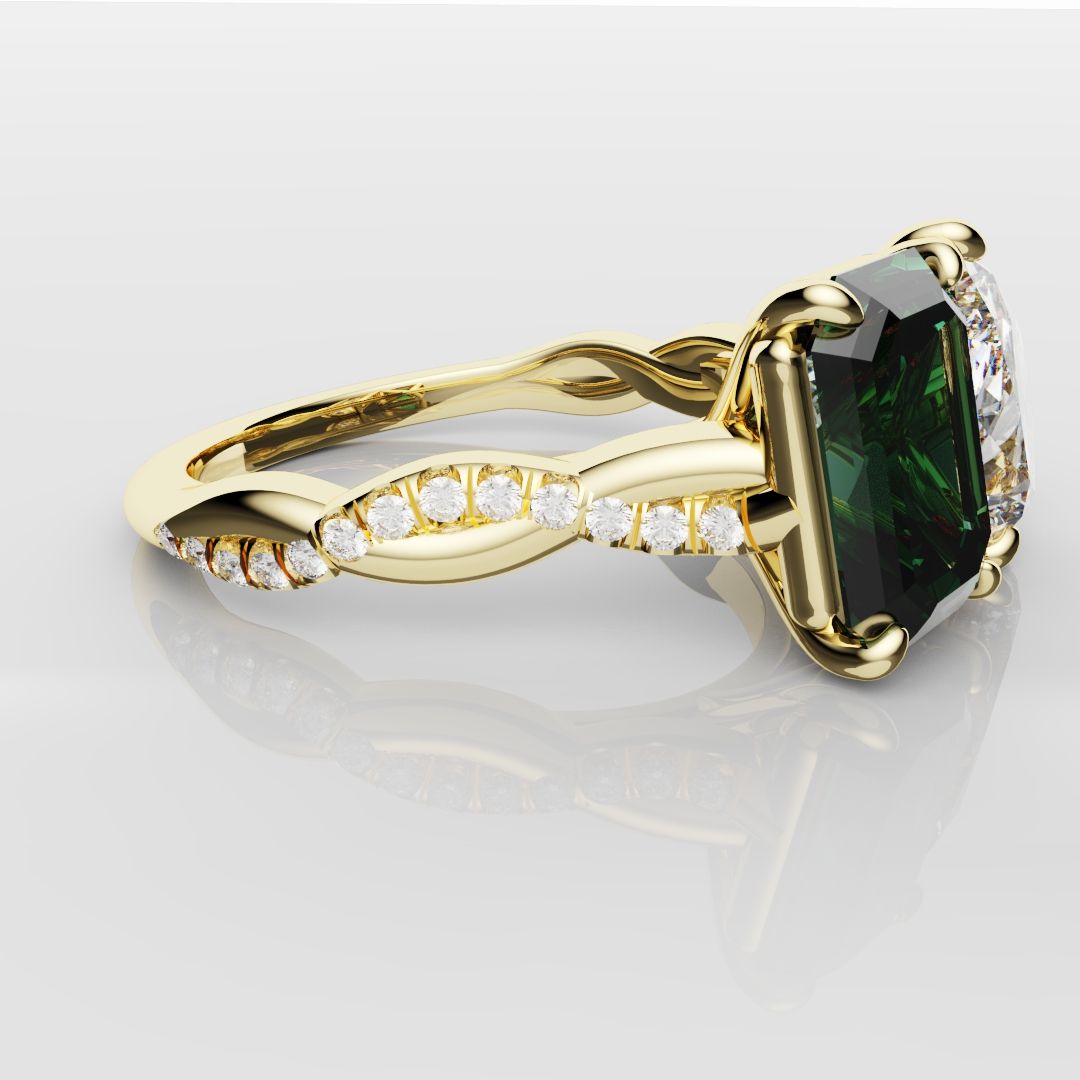 Green Emerald and Pear Diamond Toi Et Moi Engagement Ring