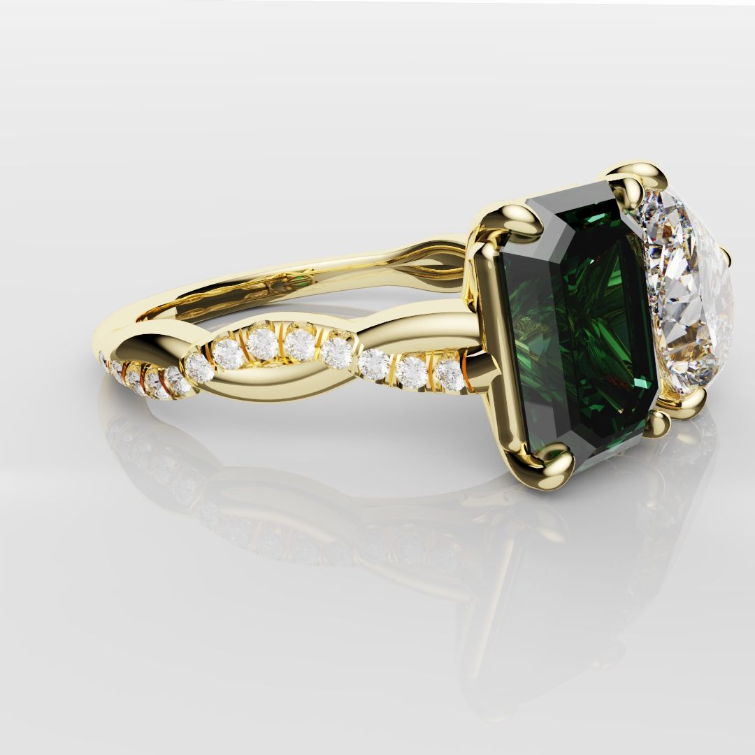 Green Emerald and Pear Diamond Toi Et Moi Engagement Ring
