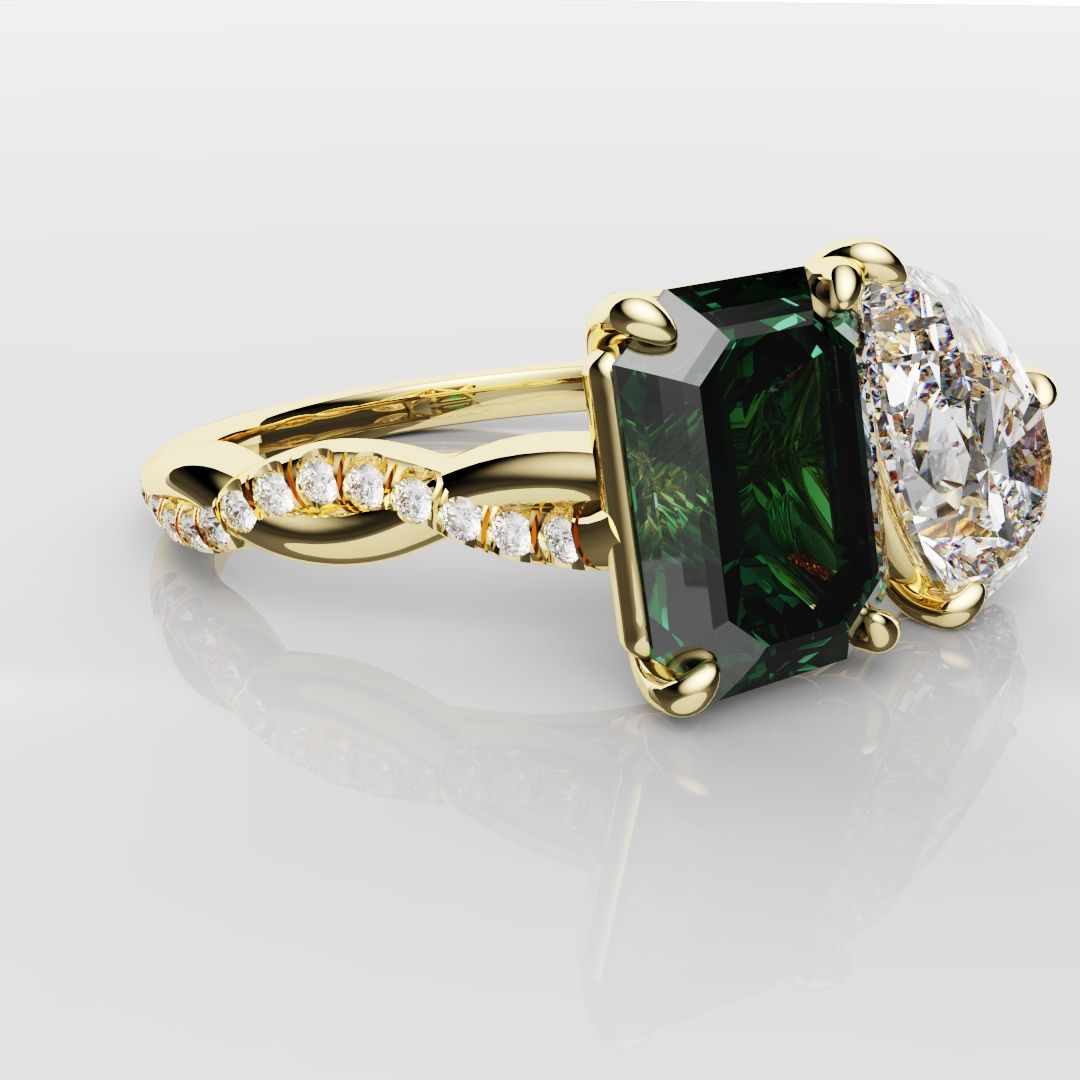 Green Emerald and Pear Diamond Toi Et Moi Engagement Ring