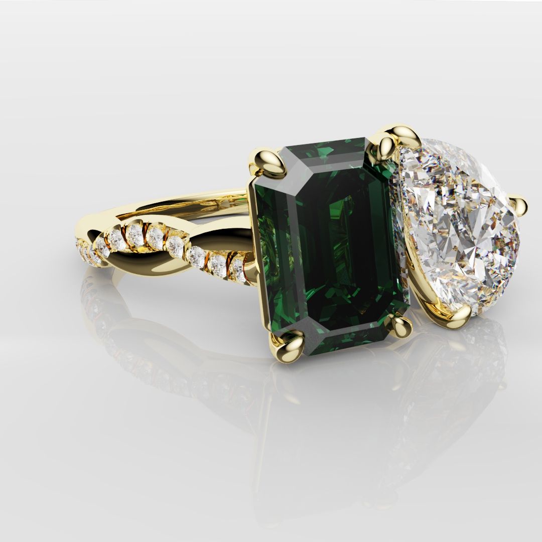 Green Emerald and Pear Diamond Toi Et Moi Engagement Ring