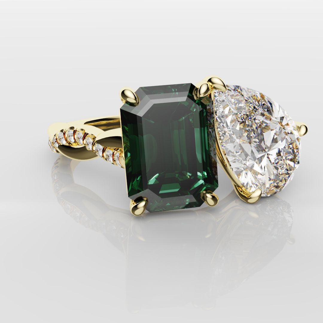 Green Emerald and Pear Diamond Toi Et Moi Engagement Ring