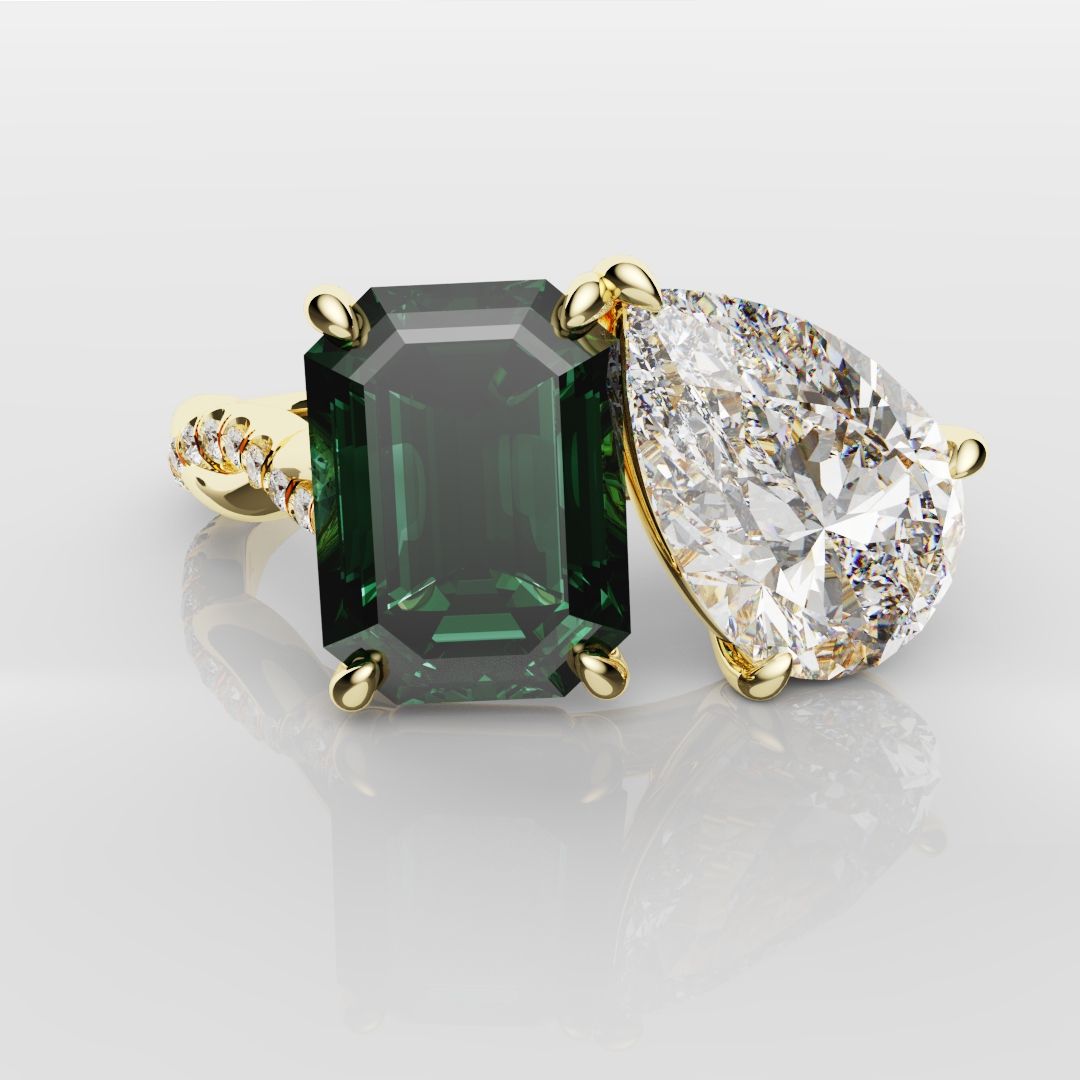 Green Emerald and Pear Diamond Toi Et Moi Engagement Ring