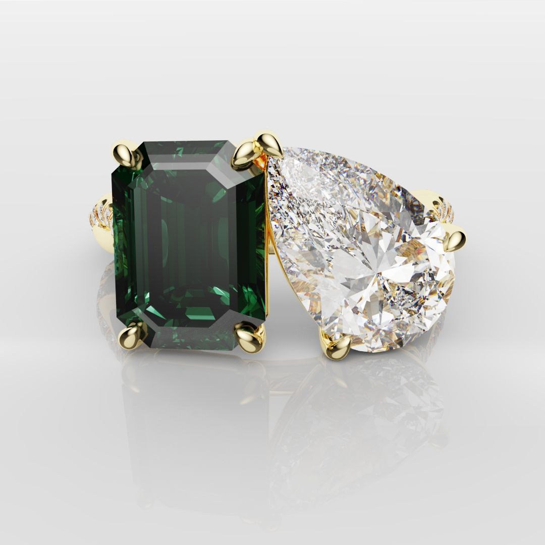 Green Emerald and Pear Diamond Toi Et Moi Engagement Ring
