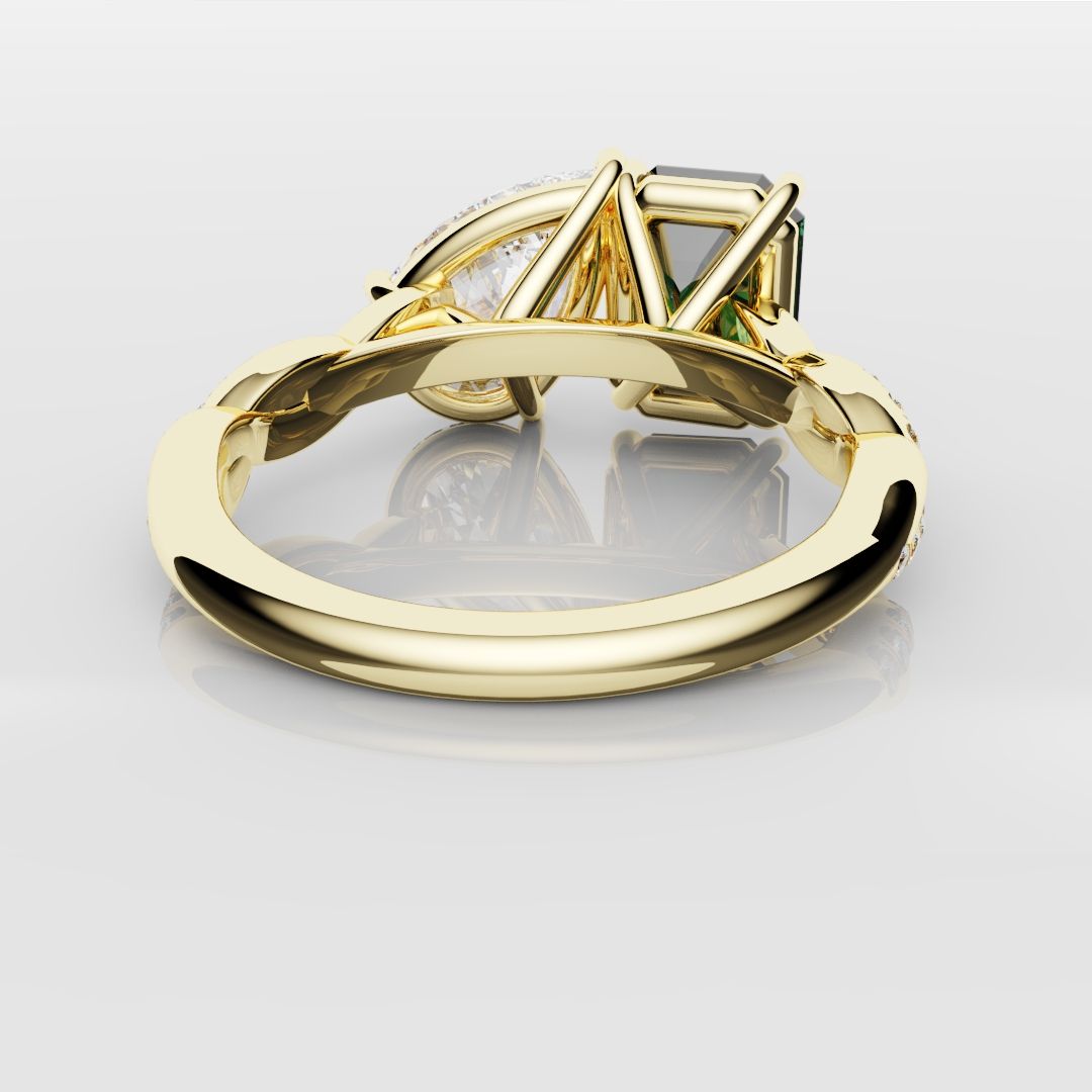 Green Emerald and Pear Diamond Toi Et Moi Engagement Ring