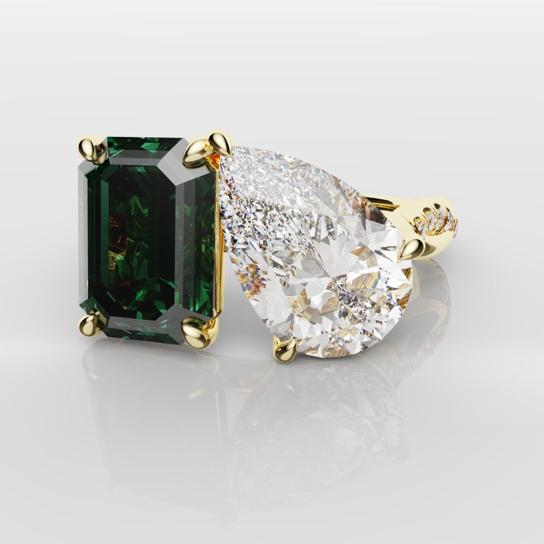 Green Emerald and Pear Diamond Toi Et Moi Engagement Ring