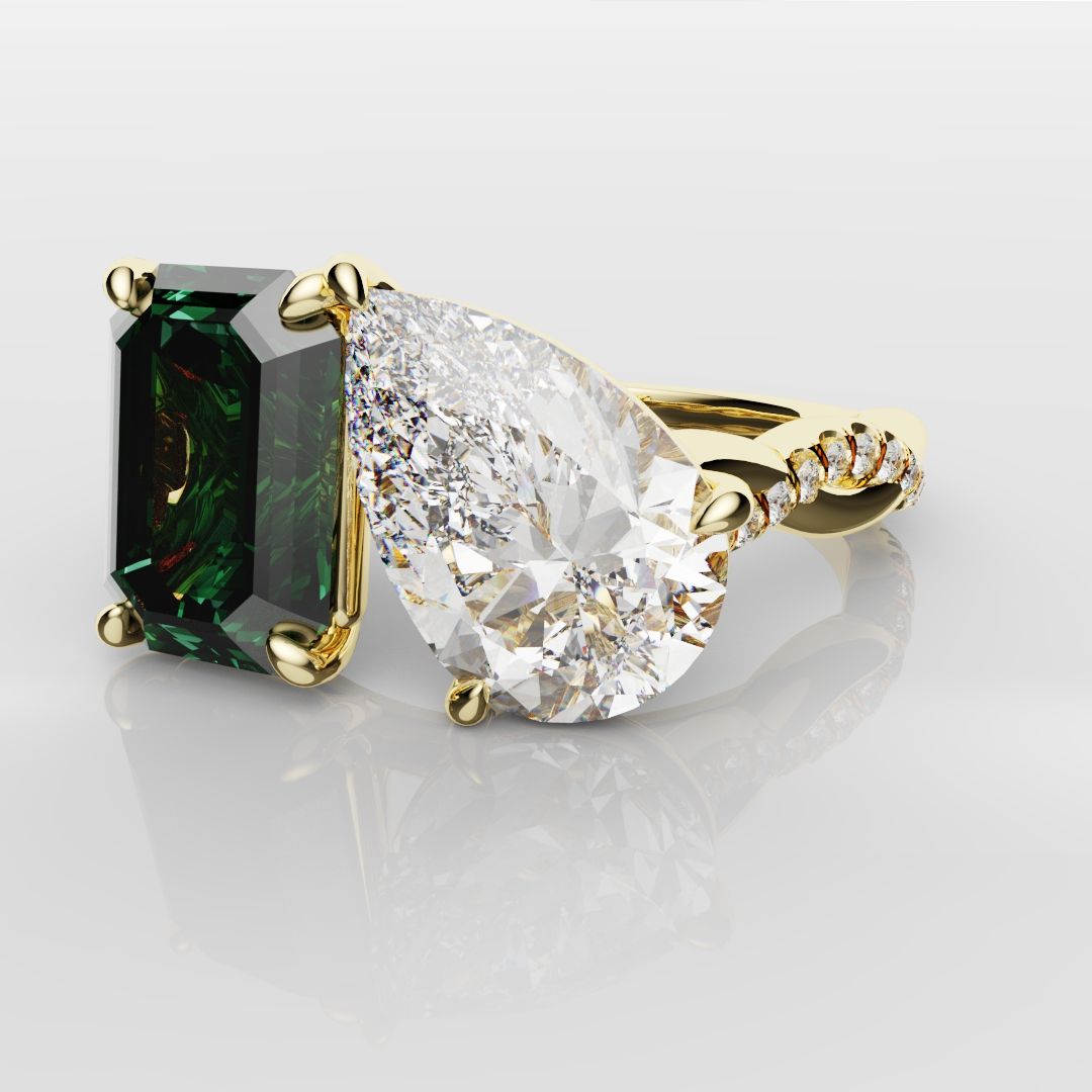 Green Emerald and Pear Diamond Toi Et Moi Engagement Ring