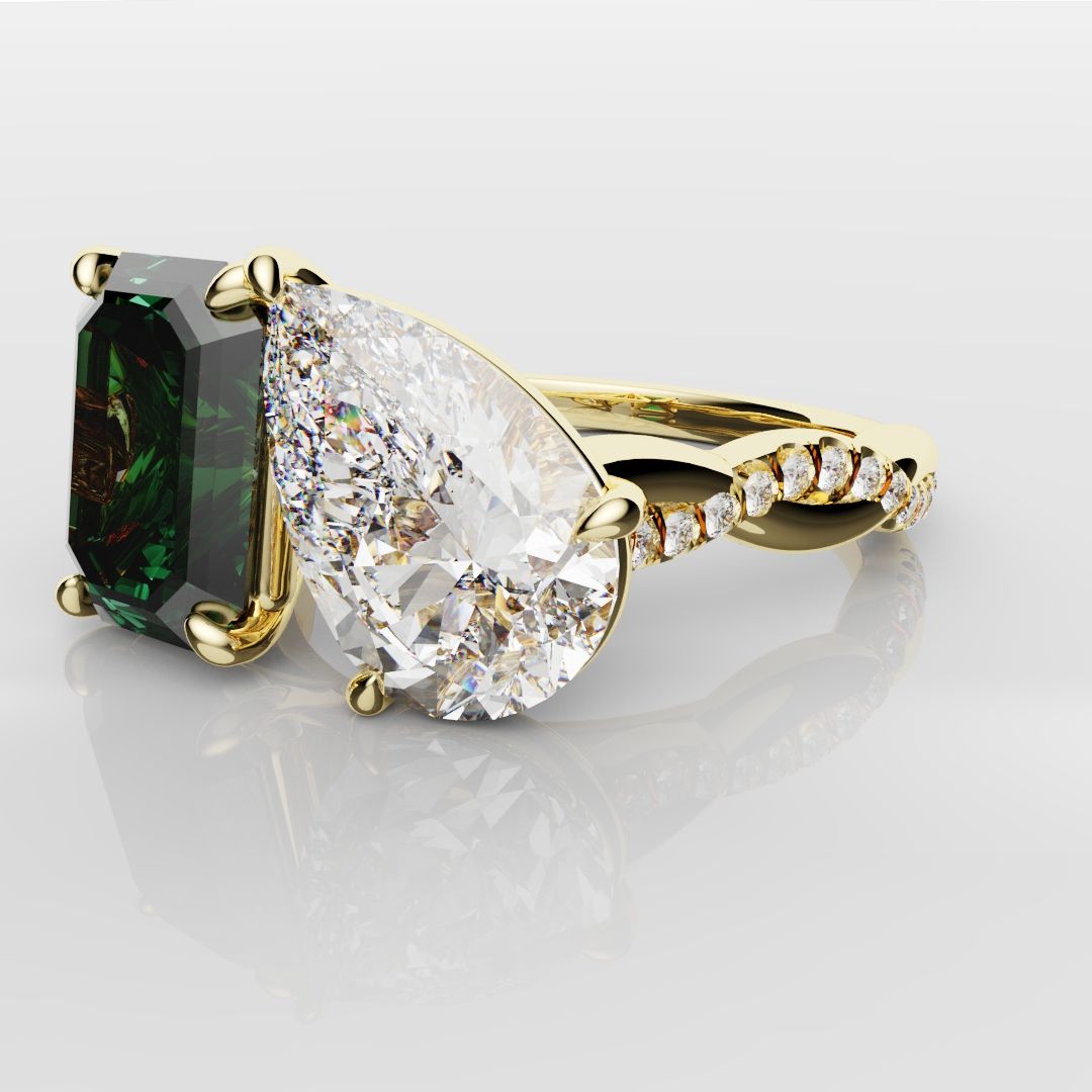 Green Emerald and Pear Diamond Toi Et Moi Engagement Ring