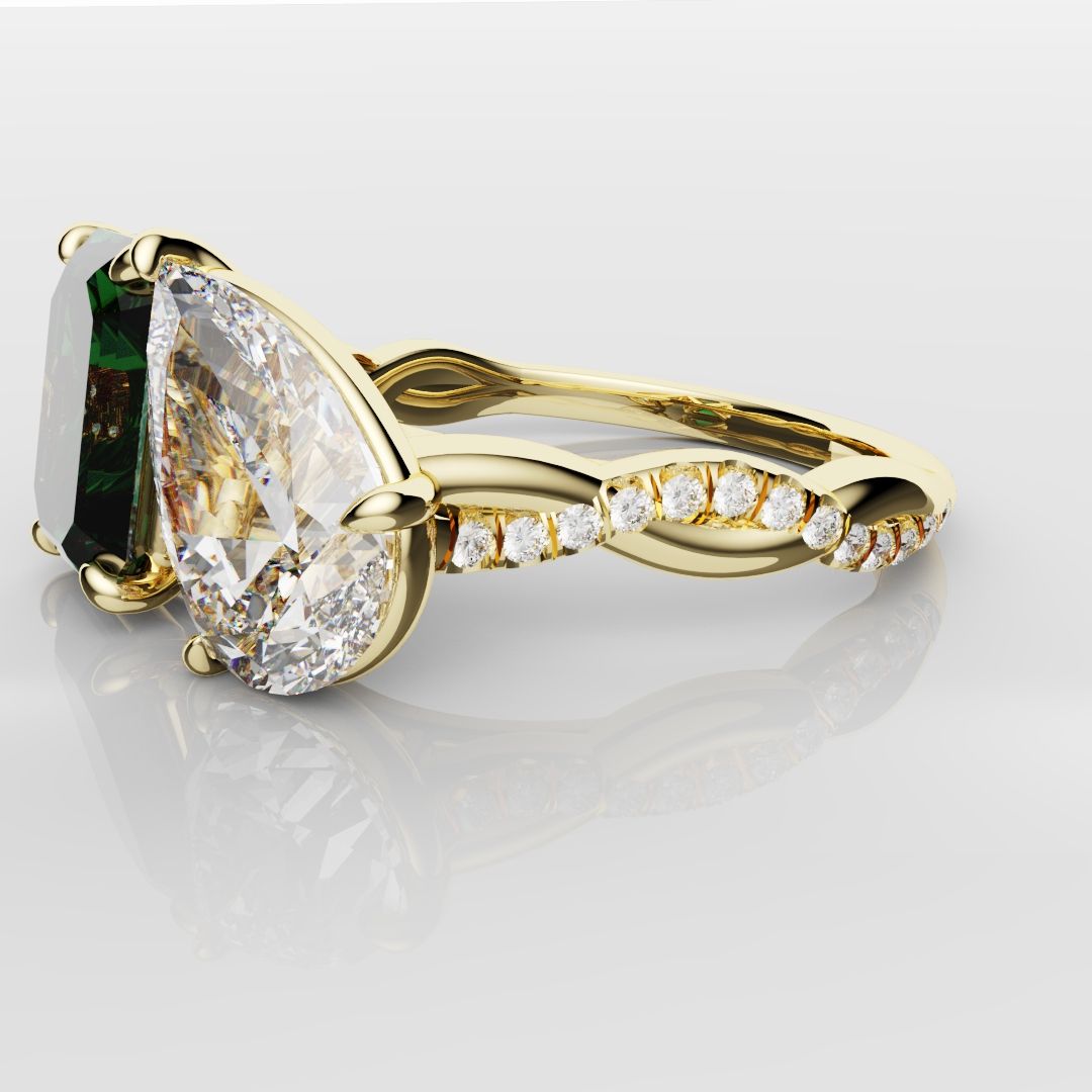 Green Emerald and Pear Diamond Toi Et Moi Engagement Ring